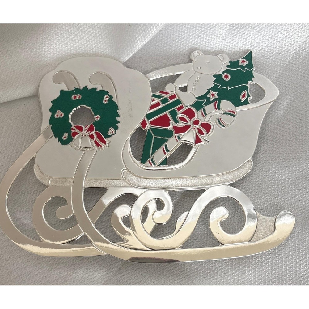 Wm A Rogers Silver Plated Christmas Sleigh Trivet Teddy Bear‎ Enamel Japan 9.5in